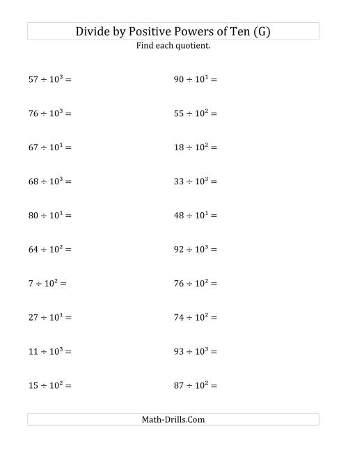 The Dividing Whole Numbers by Positive Powers of Ten (Exponent Form) (G) Math Worksheet