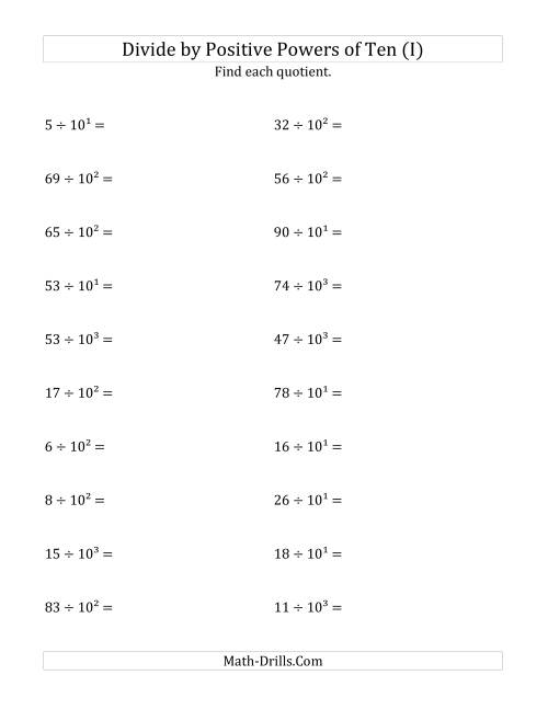 The Dividing Whole Numbers by Positive Powers of Ten (Exponent Form) (I) Math Worksheet