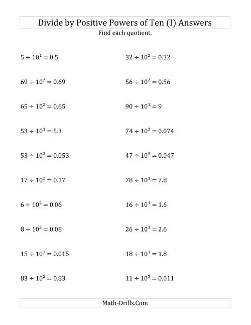 The Dividing Whole Numbers by Positive Powers of Ten (Exponent Form) (I) Math Worksheet Page 2