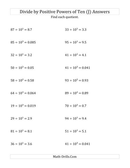 The Dividing Whole Numbers by Positive Powers of Ten (Exponent Form) (J) Math Worksheet Page 2