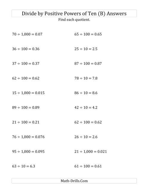 The Dividing Whole Numbers by Positive Powers of Ten (Standard Form) (B) Math Worksheet Page 2