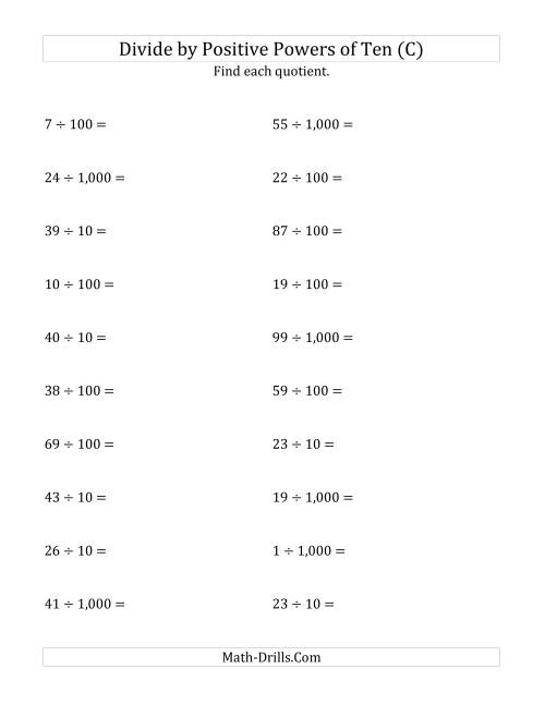 The Dividing Whole Numbers by Positive Powers of Ten (Standard Form) (C) Math Worksheet