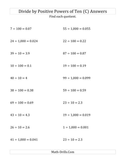 The Dividing Whole Numbers by Positive Powers of Ten (Standard Form) (C) Math Worksheet Page 2