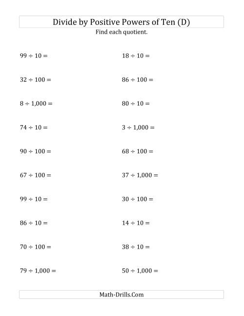 The Dividing Whole Numbers by Positive Powers of Ten (Standard Form) (D) Math Worksheet