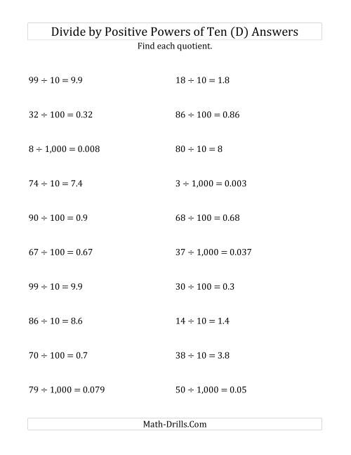 The Dividing Whole Numbers by Positive Powers of Ten (Standard Form) (D) Math Worksheet Page 2