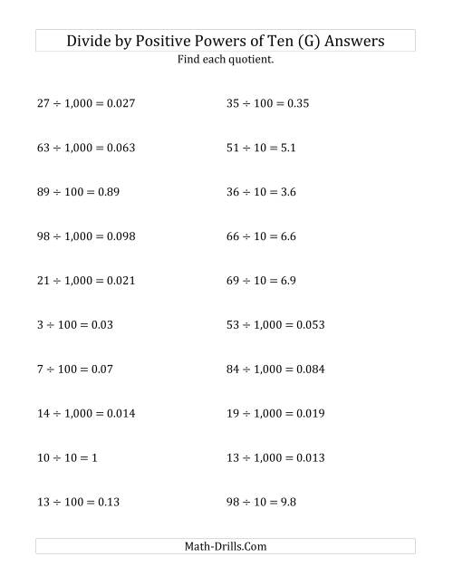 The Dividing Whole Numbers by Positive Powers of Ten (Standard Form) (G) Math Worksheet Page 2