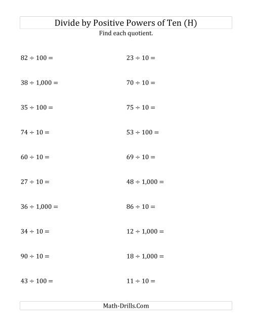 The Dividing Whole Numbers by Positive Powers of Ten (Standard Form) (H) Math Worksheet