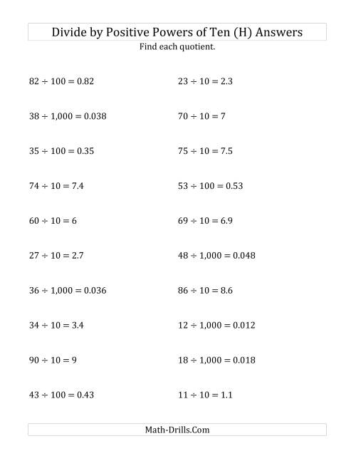 The Dividing Whole Numbers by Positive Powers of Ten (Standard Form) (H) Math Worksheet Page 2