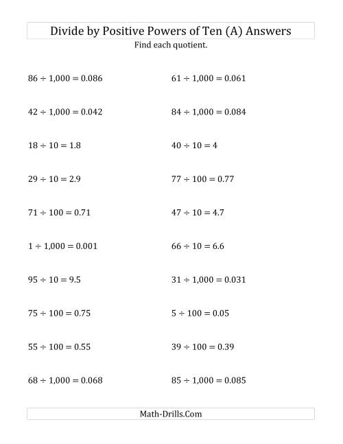 The Dividing Whole Numbers by Positive Powers of Ten (Standard Form) (All) Math Worksheet Page 2