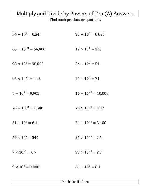The Multiplying and Dividing Whole Numbers by All Powers of Ten (Exponent Form) (A) Math Worksheet Page 2