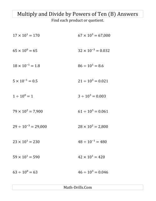 The Multiplying and Dividing Whole Numbers by All Powers of Ten (Exponent Form) (B) Math Worksheet Page 2
