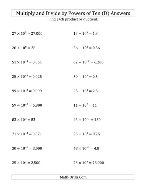 The Multiplying and Dividing Whole Numbers by All Powers of Ten (Exponent Form) (D) Math Worksheet Page 2