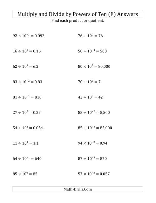 The Multiplying and Dividing Whole Numbers by All Powers of Ten (Exponent Form) (E) Math Worksheet Page 2