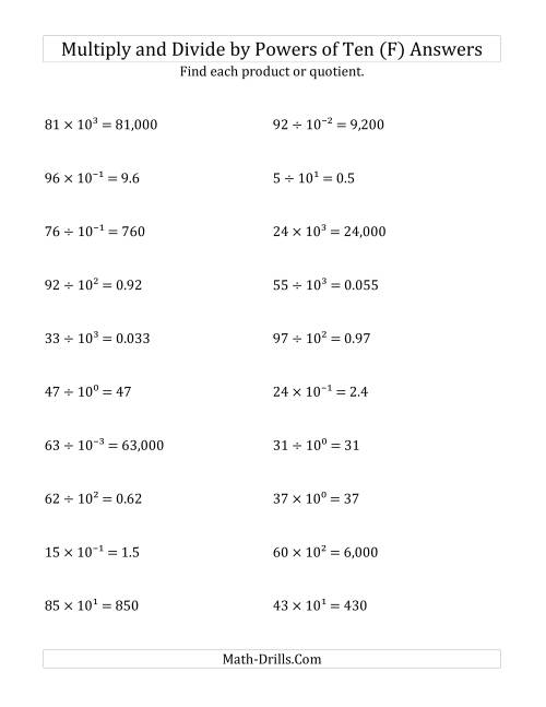 The Multiplying and Dividing Whole Numbers by All Powers of Ten (Exponent Form) (F) Math Worksheet Page 2
