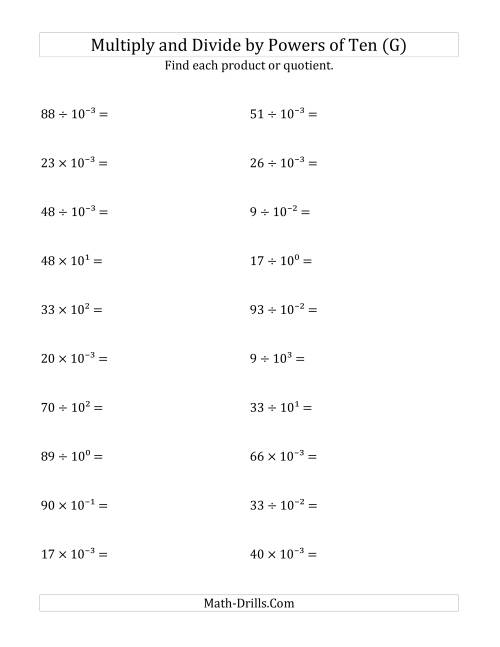 The Multiplying and Dividing Whole Numbers by All Powers of Ten (Exponent Form) (G) Math Worksheet