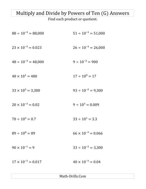 The Multiplying and Dividing Whole Numbers by All Powers of Ten (Exponent Form) (G) Math Worksheet Page 2