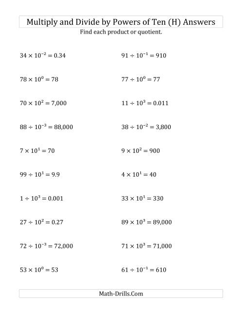 The Multiplying and Dividing Whole Numbers by All Powers of Ten (Exponent Form) (H) Math Worksheet Page 2