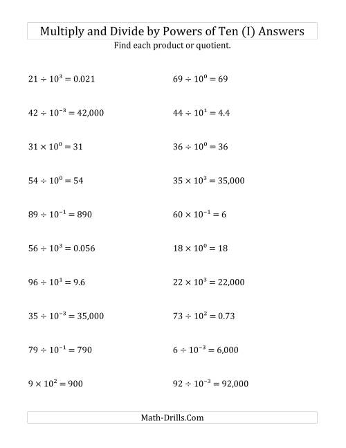 The Multiplying and Dividing Whole Numbers by All Powers of Ten (Exponent Form) (I) Math Worksheet Page 2