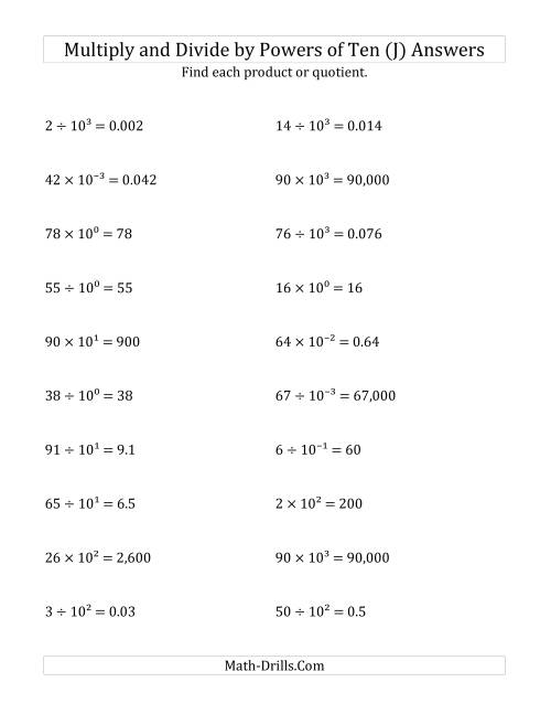 The Multiplying and Dividing Whole Numbers by All Powers of Ten (Exponent Form) (J) Math Worksheet Page 2