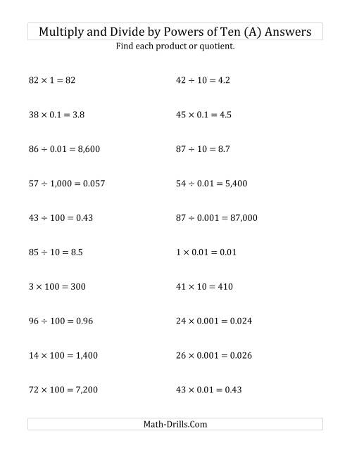The Multiplying and Dividing Whole Numbers by All Powers of Ten (Standard Form) (A) Math Worksheet Page 2