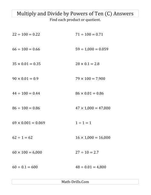 The Multiplying and Dividing Whole Numbers by All Powers of Ten (Standard Form) (C) Math Worksheet Page 2