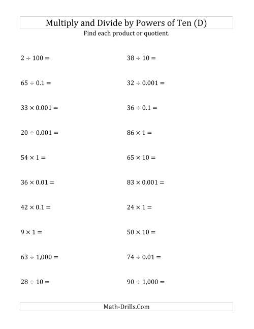 The Multiplying and Dividing Whole Numbers by All Powers of Ten (Standard Form) (D) Math Worksheet