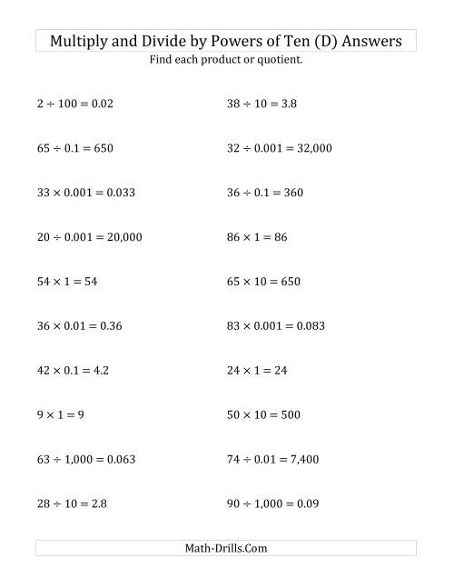 The Multiplying and Dividing Whole Numbers by All Powers of Ten (Standard Form) (D) Math Worksheet Page 2