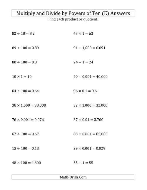 The Multiplying and Dividing Whole Numbers by All Powers of Ten (Standard Form) (E) Math Worksheet Page 2