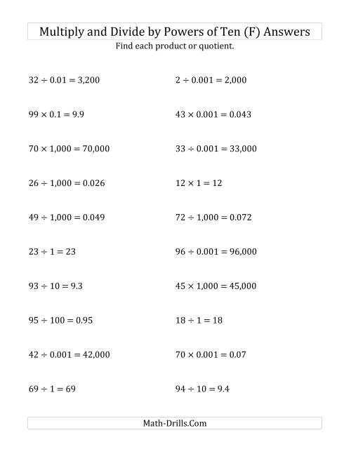 The Multiplying and Dividing Whole Numbers by All Powers of Ten (Standard Form) (F) Math Worksheet Page 2