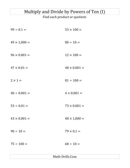 The Multiplying and Dividing Whole Numbers by All Powers of Ten (Standard Form) (I) Math Worksheet