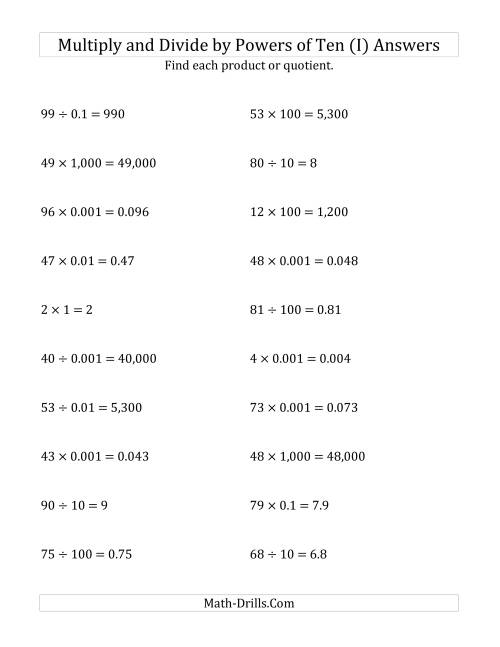 The Multiplying and Dividing Whole Numbers by All Powers of Ten (Standard Form) (I) Math Worksheet Page 2
