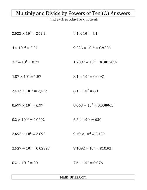 The Multiplying and Dividing Decimals by All Powers of Ten (Exponent Form) (A) Math Worksheet Page 2