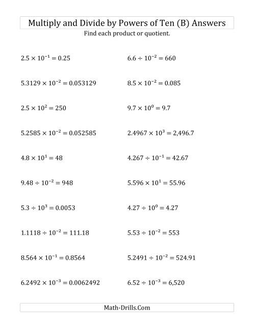 The Multiplying and Dividing Decimals by All Powers of Ten (Exponent Form) (B) Math Worksheet Page 2