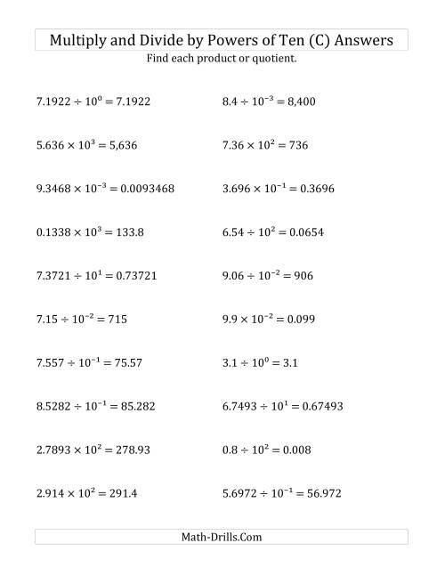 The Multiplying and Dividing Decimals by All Powers of Ten (Exponent Form) (C) Math Worksheet Page 2