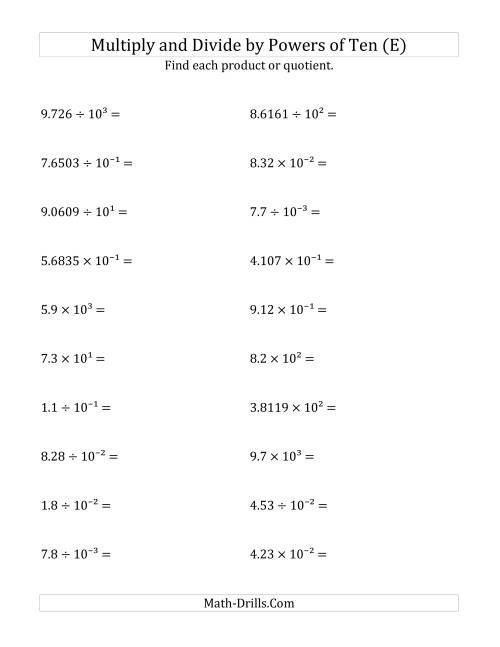 The Multiplying and Dividing Decimals by All Powers of Ten (Exponent Form) (E) Math Worksheet