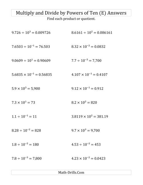 The Multiplying and Dividing Decimals by All Powers of Ten (Exponent Form) (E) Math Worksheet Page 2