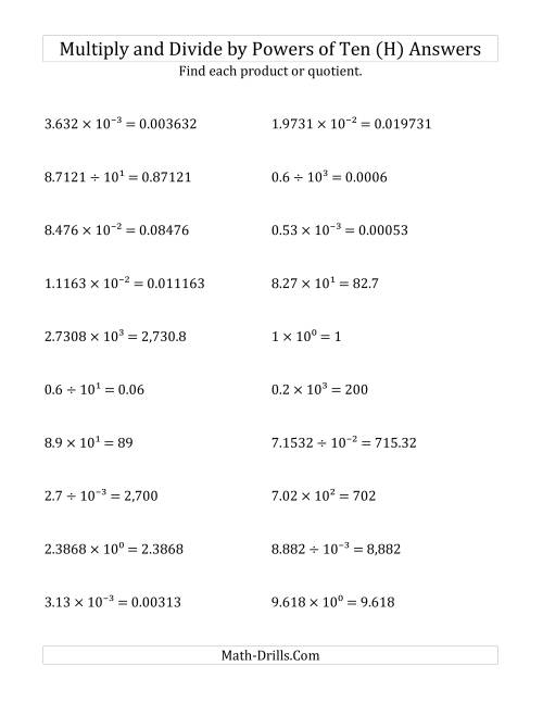 The Multiplying and Dividing Decimals by All Powers of Ten (Exponent Form) (H) Math Worksheet Page 2