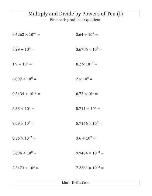 The Multiplying and Dividing Decimals by All Powers of Ten (Exponent Form) (I) Math Worksheet