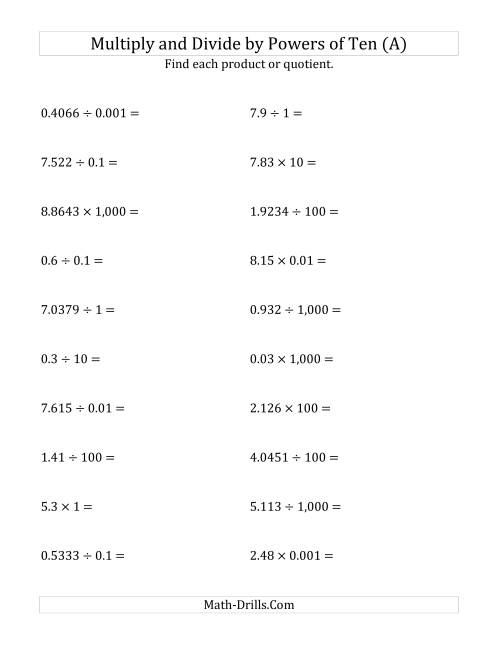 The Multiplying and Dividing Decimals by All Powers of Ten (Standard Form) (A) Math Worksheet