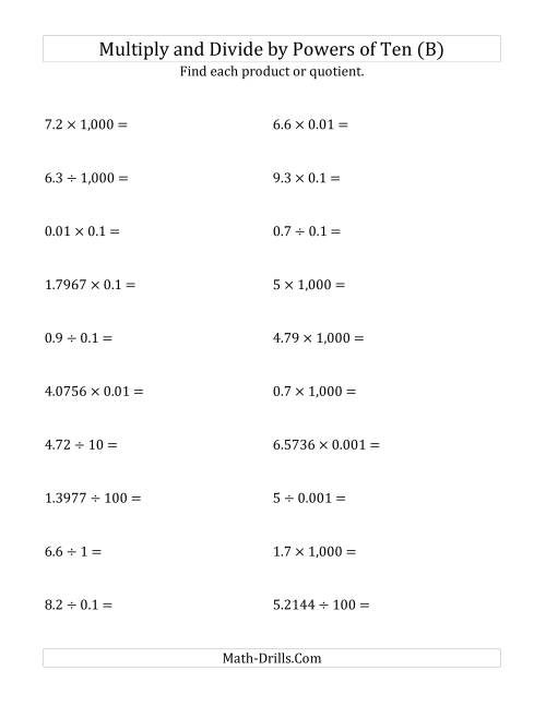 The Multiplying and Dividing Decimals by All Powers of Ten (Standard Form) (B) Math Worksheet