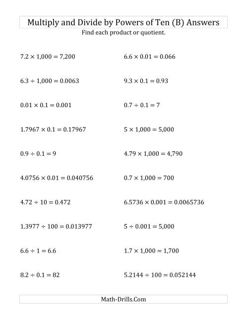 The Multiplying and Dividing Decimals by All Powers of Ten (Standard Form) (B) Math Worksheet Page 2