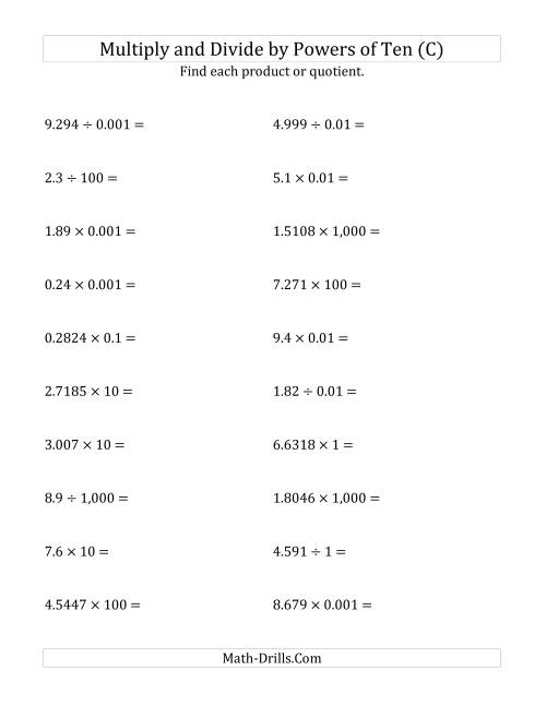 The Multiplying and Dividing Decimals by All Powers of Ten (Standard Form) (C) Math Worksheet