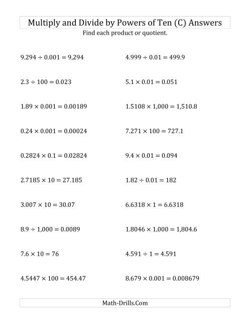 The Multiplying and Dividing Decimals by All Powers of Ten (Standard Form) (C) Math Worksheet Page 2