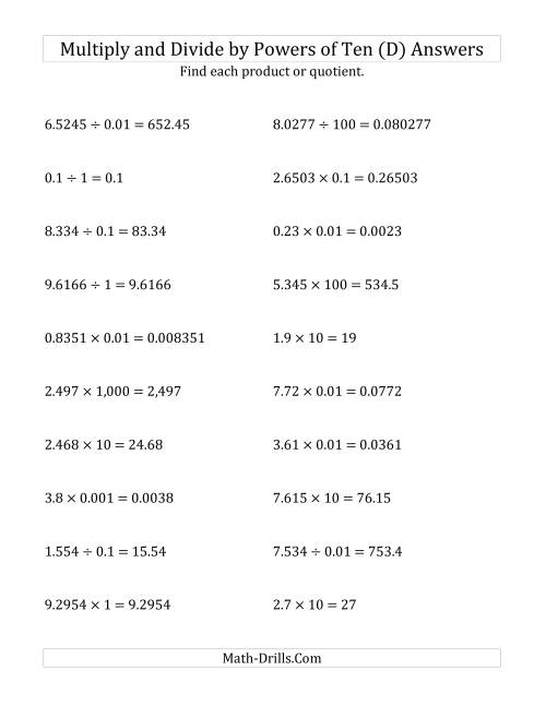 The Multiplying and Dividing Decimals by All Powers of Ten (Standard Form) (D) Math Worksheet Page 2