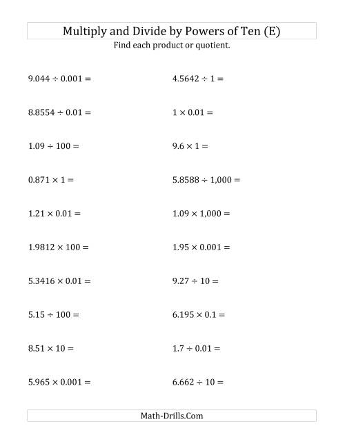 The Multiplying and Dividing Decimals by All Powers of Ten (Standard Form) (E) Math Worksheet