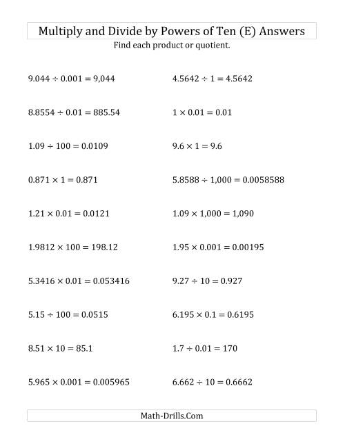The Multiplying and Dividing Decimals by All Powers of Ten (Standard Form) (E) Math Worksheet Page 2