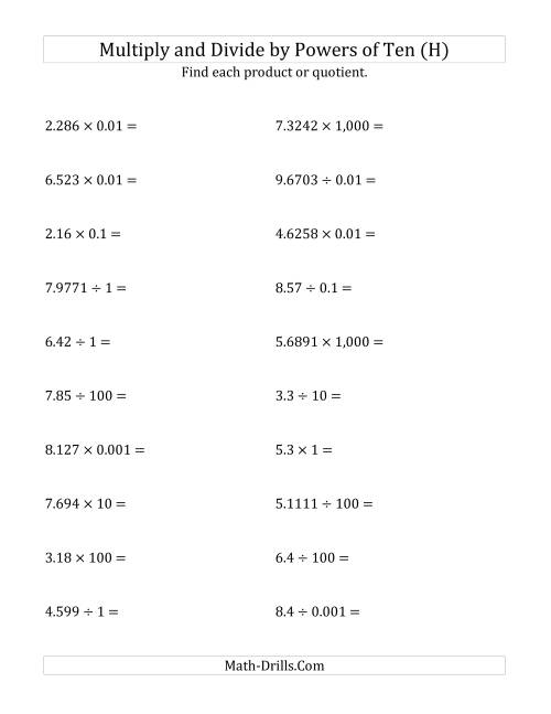 The Multiplying and Dividing Decimals by All Powers of Ten (Standard Form) (H) Math Worksheet