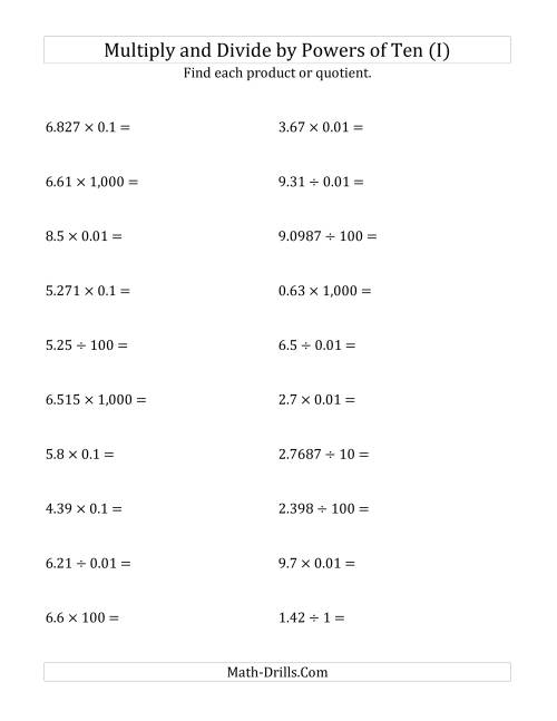 The Multiplying and Dividing Decimals by All Powers of Ten (Standard Form) (I) Math Worksheet
