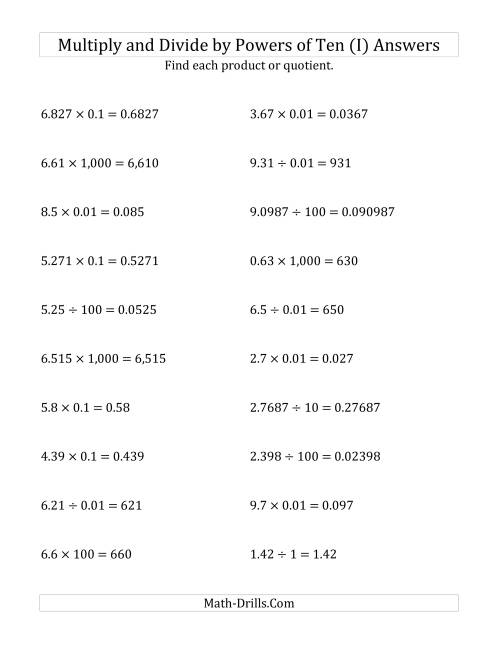 The Multiplying and Dividing Decimals by All Powers of Ten (Standard Form) (I) Math Worksheet Page 2