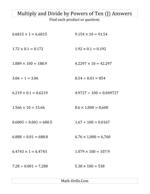 The Multiplying and Dividing Decimals by All Powers of Ten (Standard Form) (J) Math Worksheet Page 2